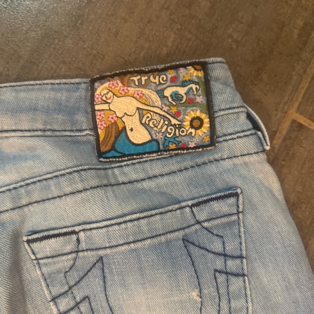 True Religion Light Blue Patchwork Flare Jeans with Cream Floral Details - Picture 13 of 13